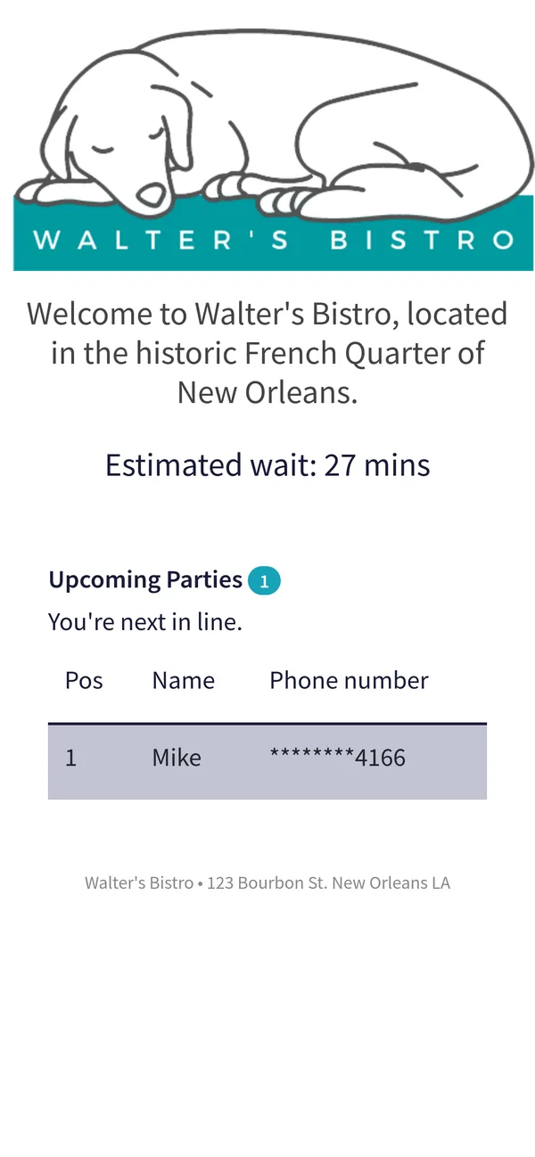 TablesReady virtual waiting room showing guest place in line on a mobile phone