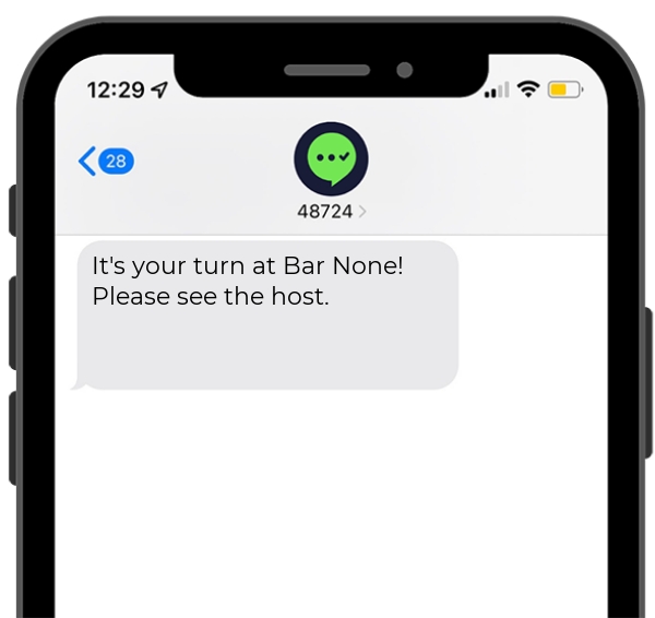Screenshot of a bar waitlist text notification on a mobile phone