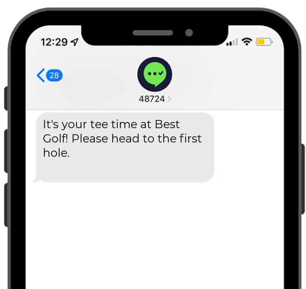 Screenshot of a driving range waitlist text notification on a mobile phone
