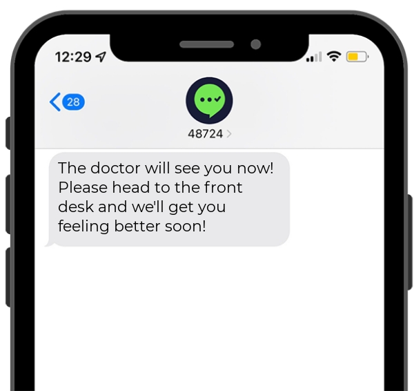 Screenshot of a urgent care waitlist text notification on a mobile phone