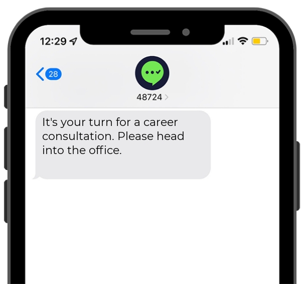 Screenshot of a workforce development queue management text notification on a mobile phone