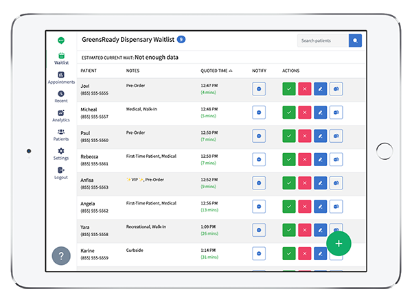 cannabis dispensary waitlist admin view on tablet device