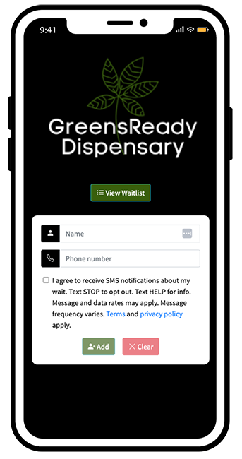 Dispensary waitlist sign up screen on mobile phone