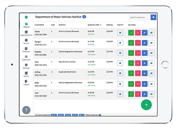 TablesReady digital waitlist for a government office on a tablet, showing customers, services and quoted wait times