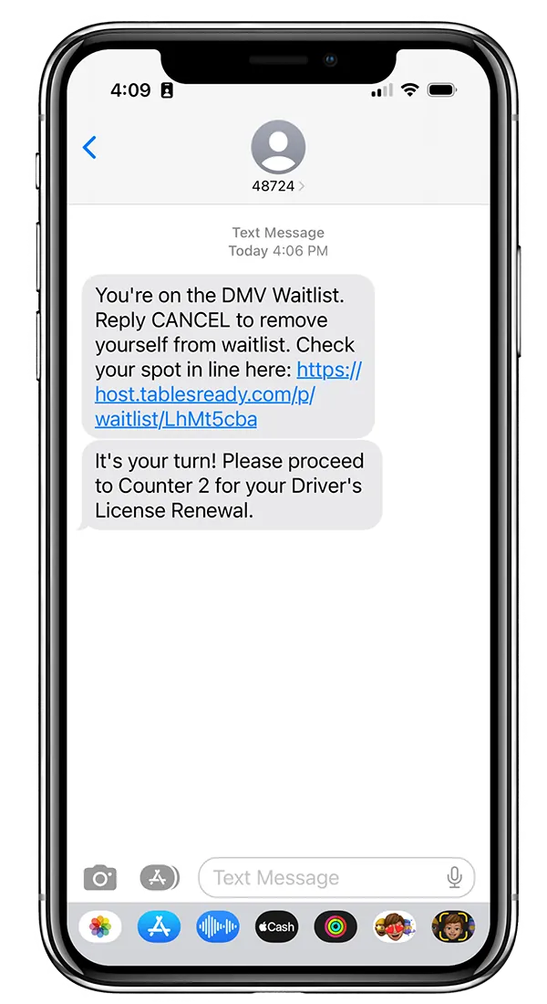Text messages telling a customer they're on the DMV waitlist and that it's their turn