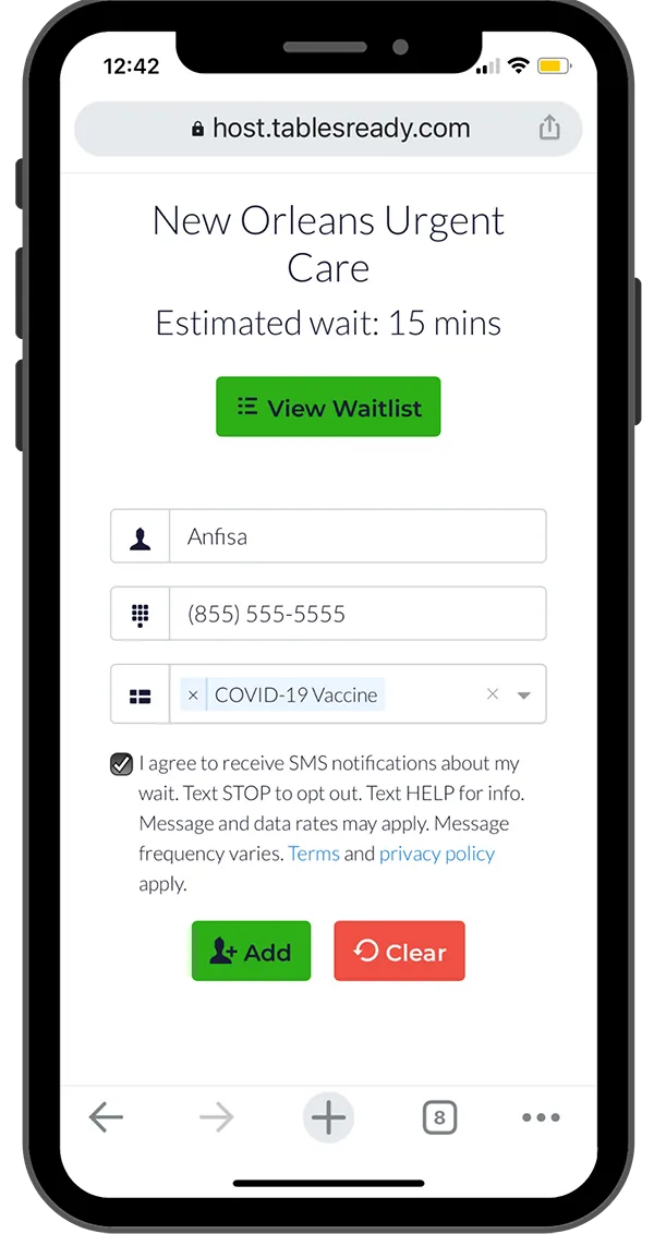 Urgent care online waitlist sign-up form on a phone, showing the estimated wait