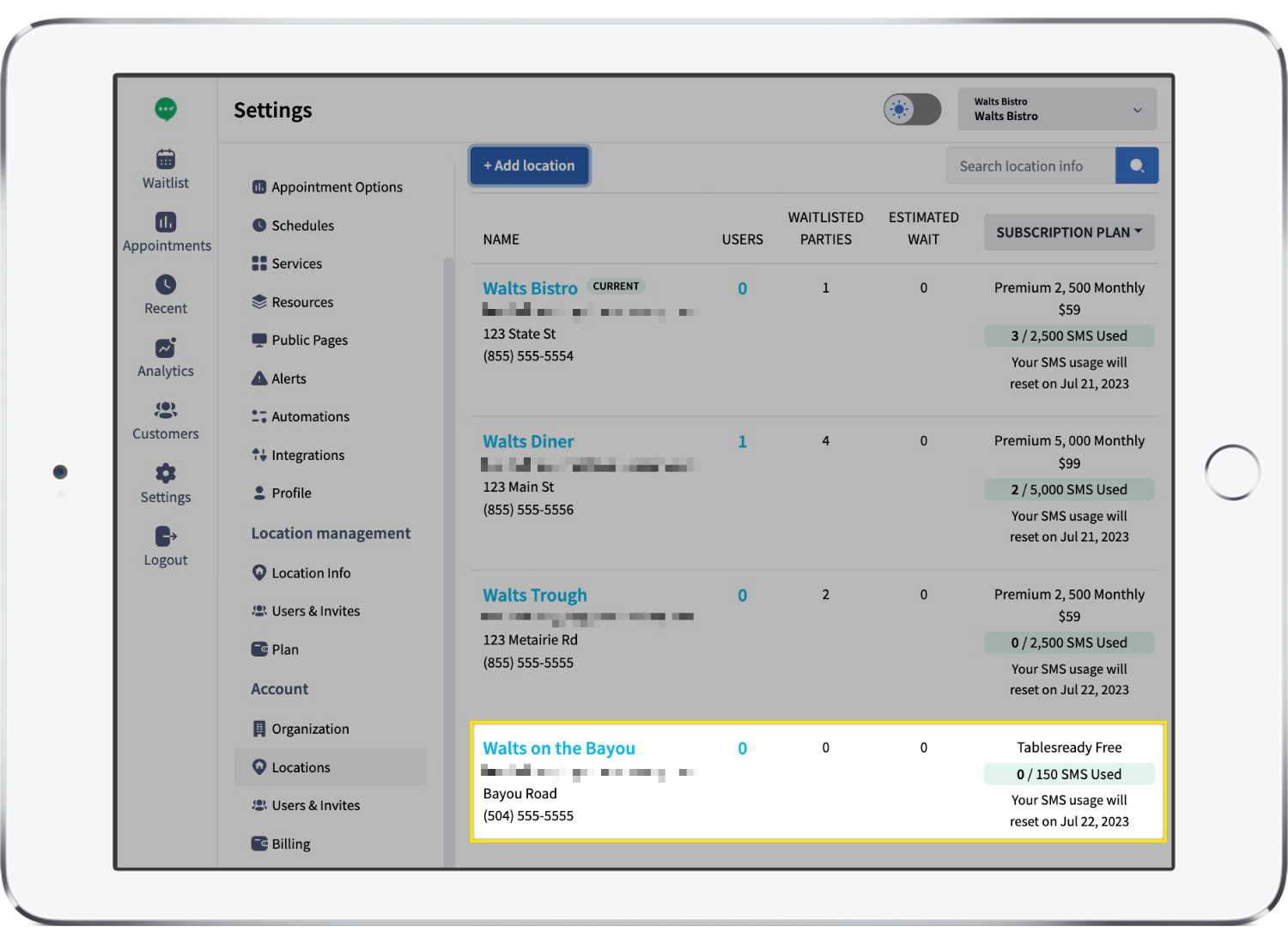 Multiple hotel department waitlists managed in one dashboard