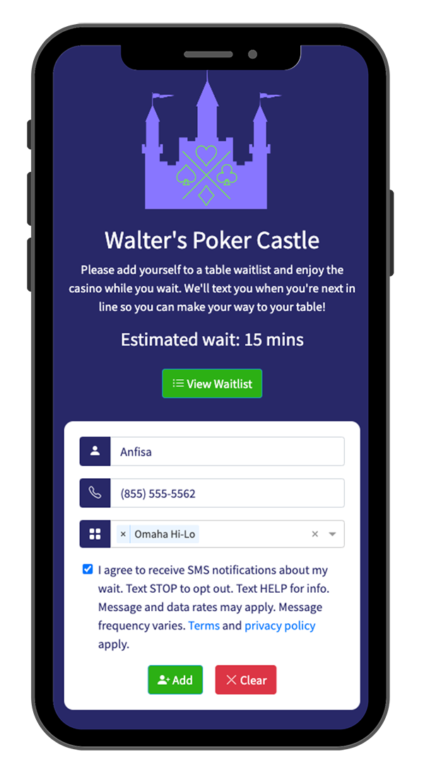 poker room add to waitlist on mobile phone