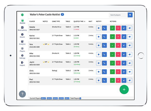 poker room waitlist app on tablet