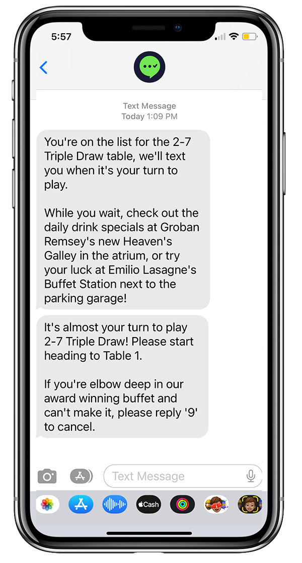 poker room waitlist app with sms marketing messages on phone