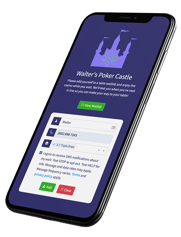 poker room waitlist signup on mobile phone