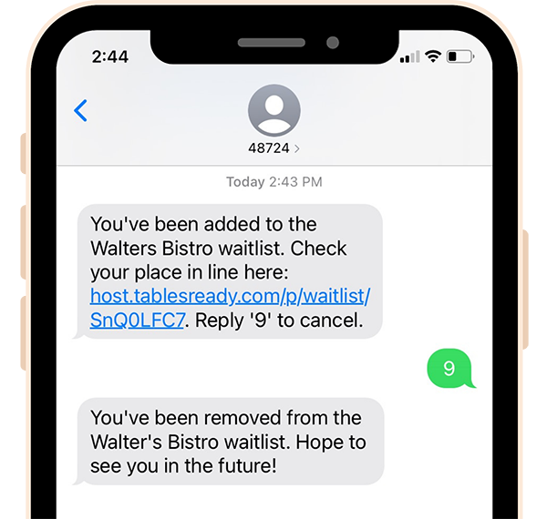 mobile phone with waitlist removal confirmation message