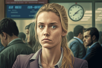 Illustration of upset woman waiting in line
