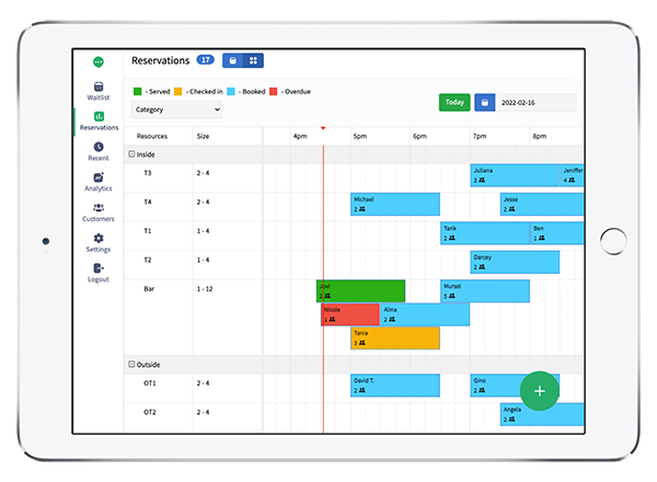 TablesReady admin reservation view on tablet
