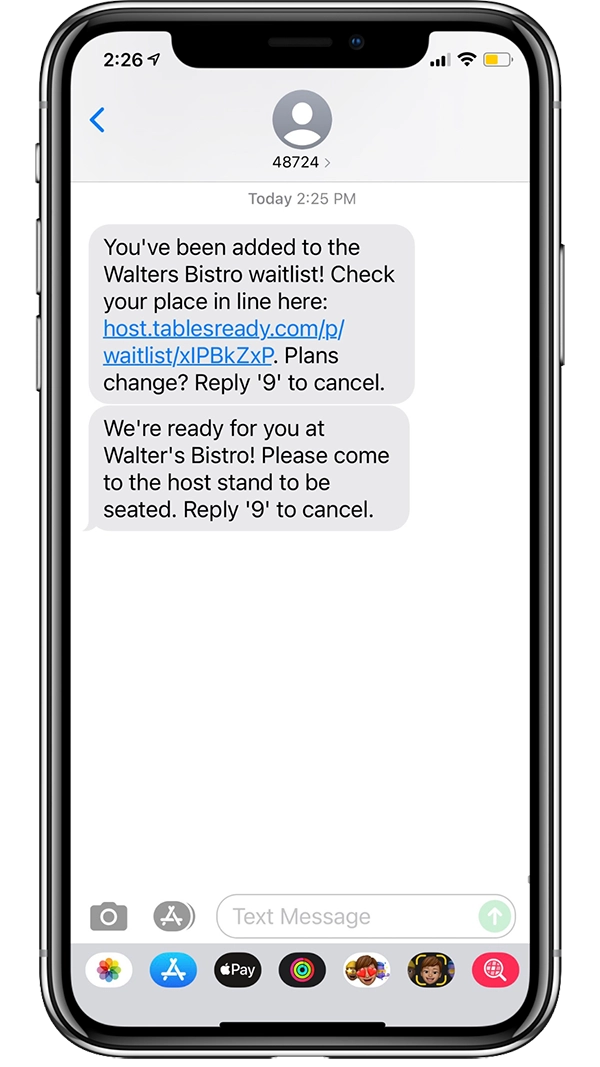screenshot of SMS waitlist guest messaging on a cell phone