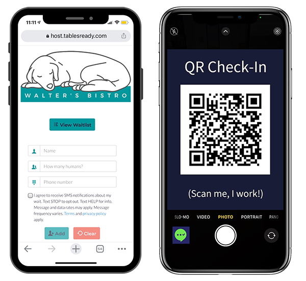 Waitlist sign up screen + QR code check-in screen on mobile phones