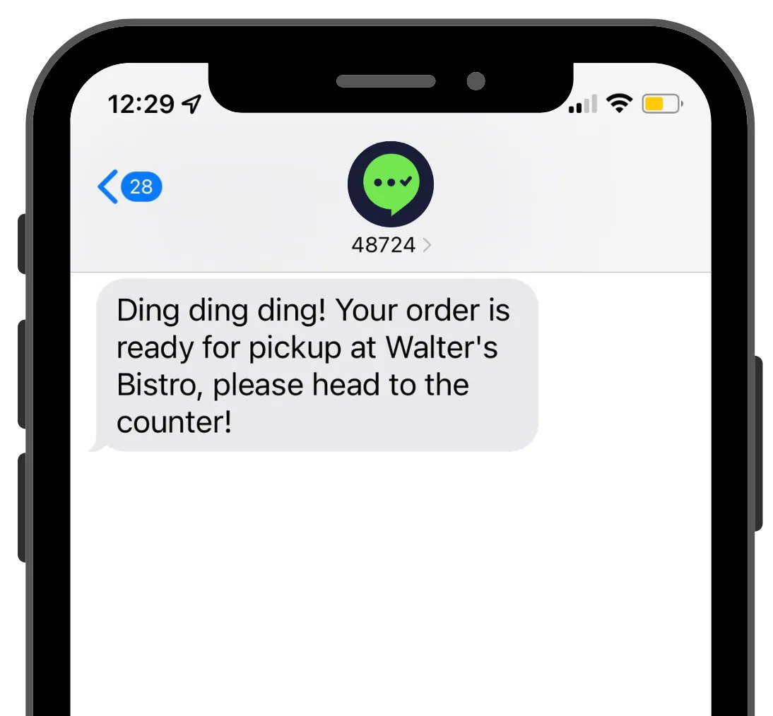 Order-ready text notification on a phone replacing a restaurant food pager