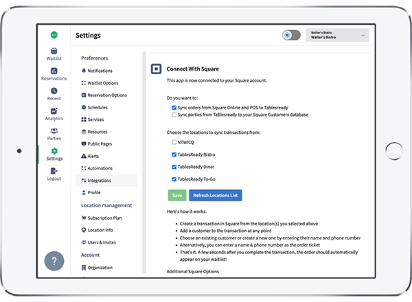 Square order pickup notifications settings screen on an iPad