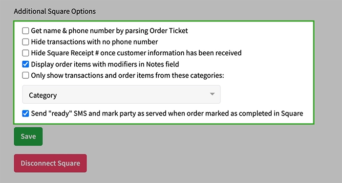 Square configuration options for TablesReady
