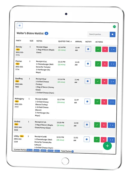 Restaurant waitlist and paging app on a tablet