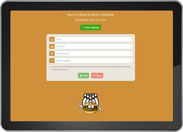 Waitlist sign up screen example on a tablet device