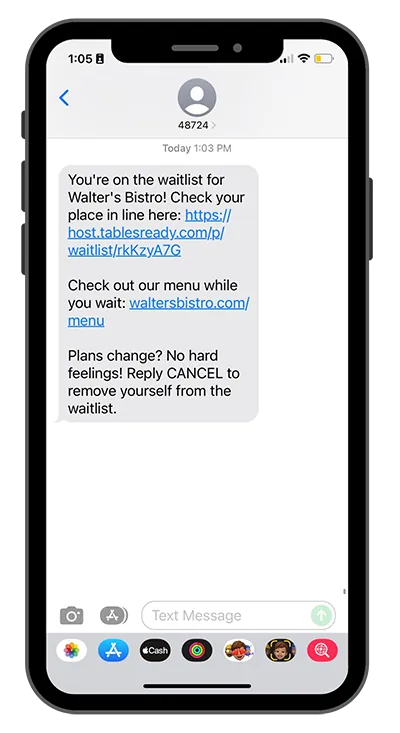 Added to waitlist text message on a phone