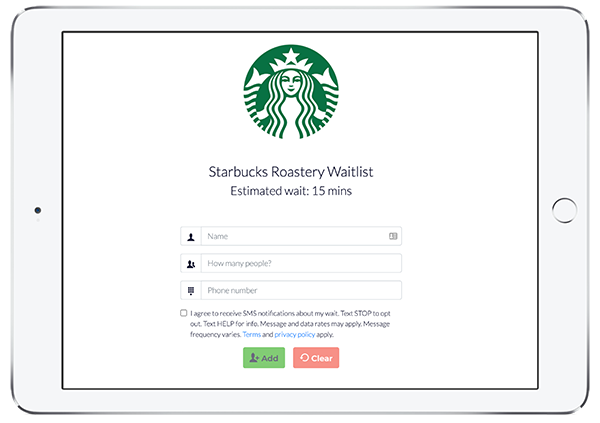 white-labeled starbucks waitlist displayed on a tablet